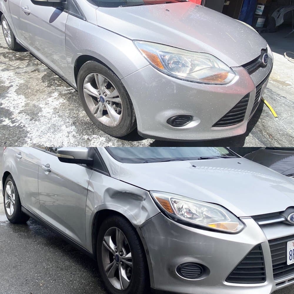 before and after picture of a car that has had autobody work done and fixed