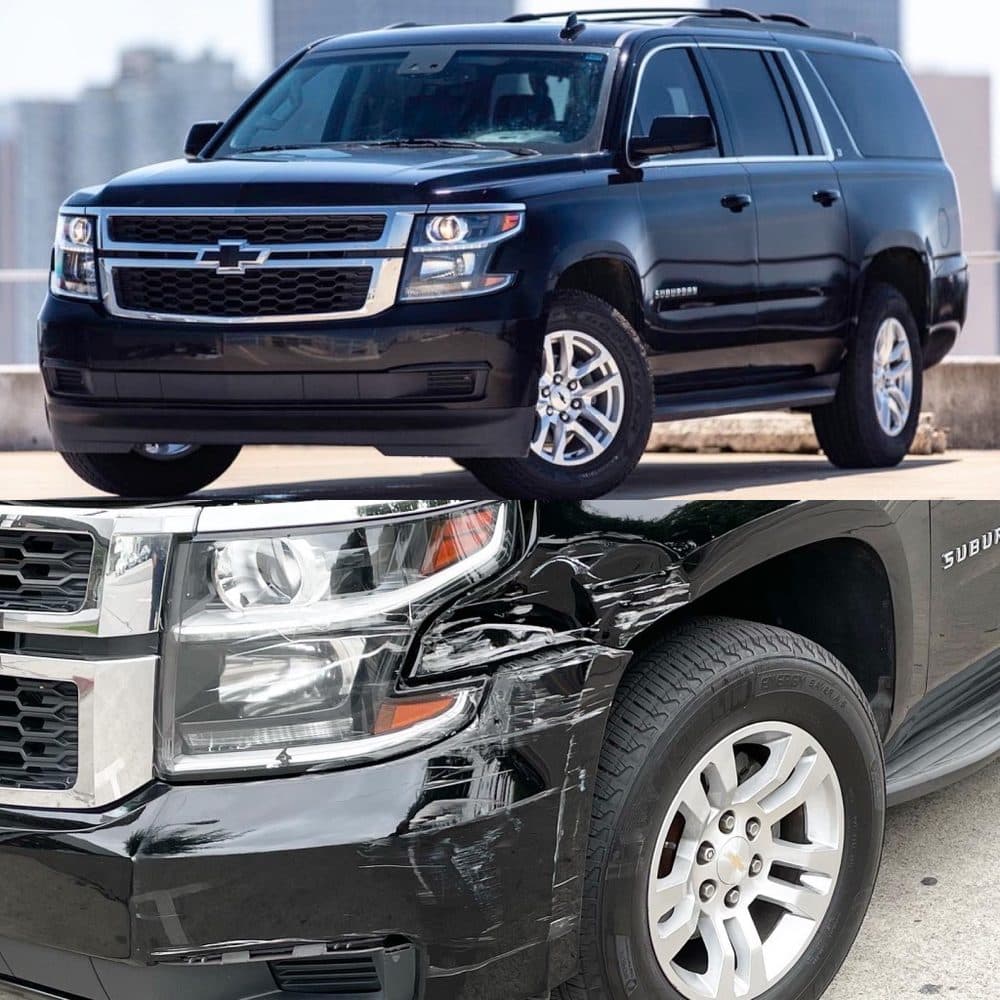 before and after picture of scratched up chevy with autobody work done