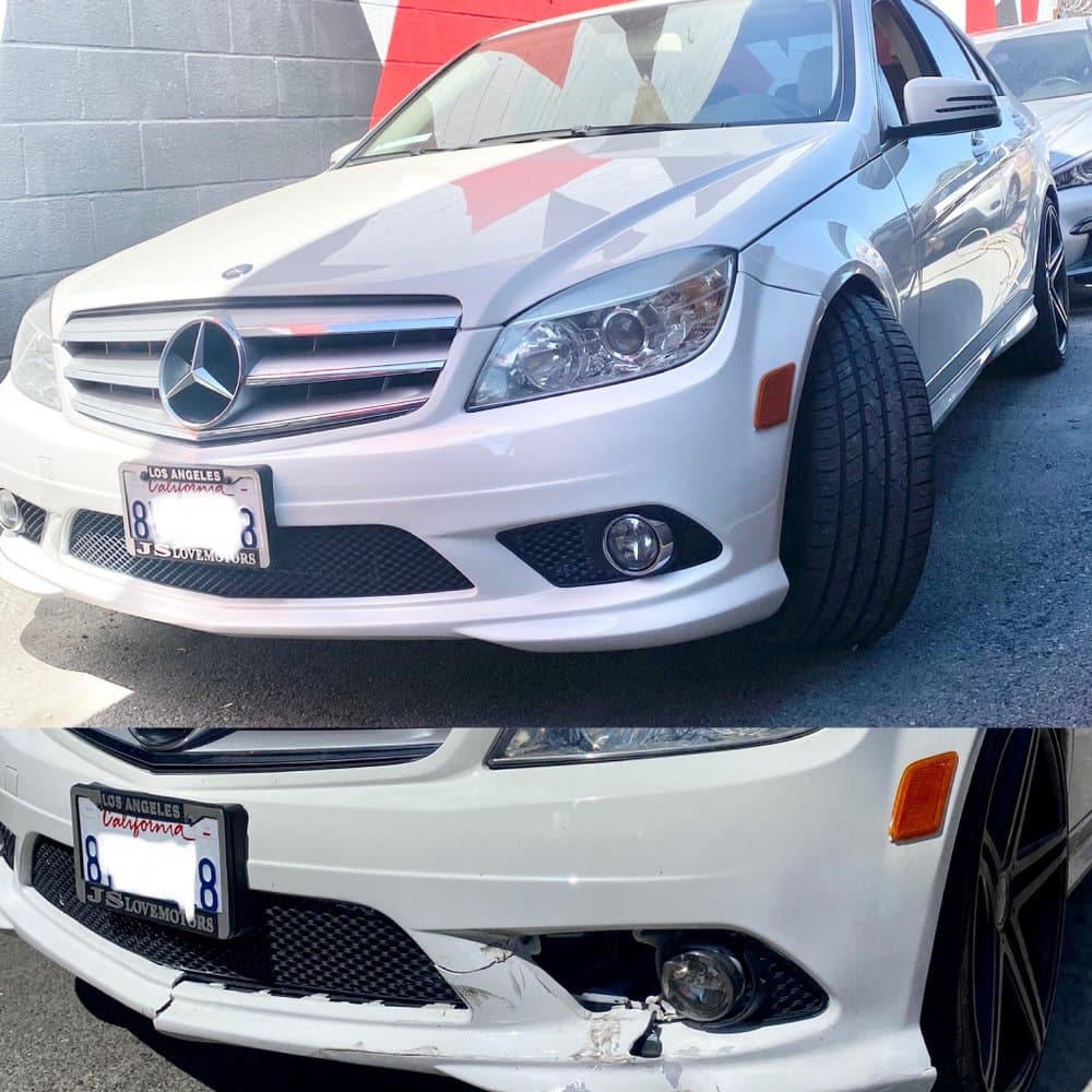 before and after of a Mercedes with repaired collision damage