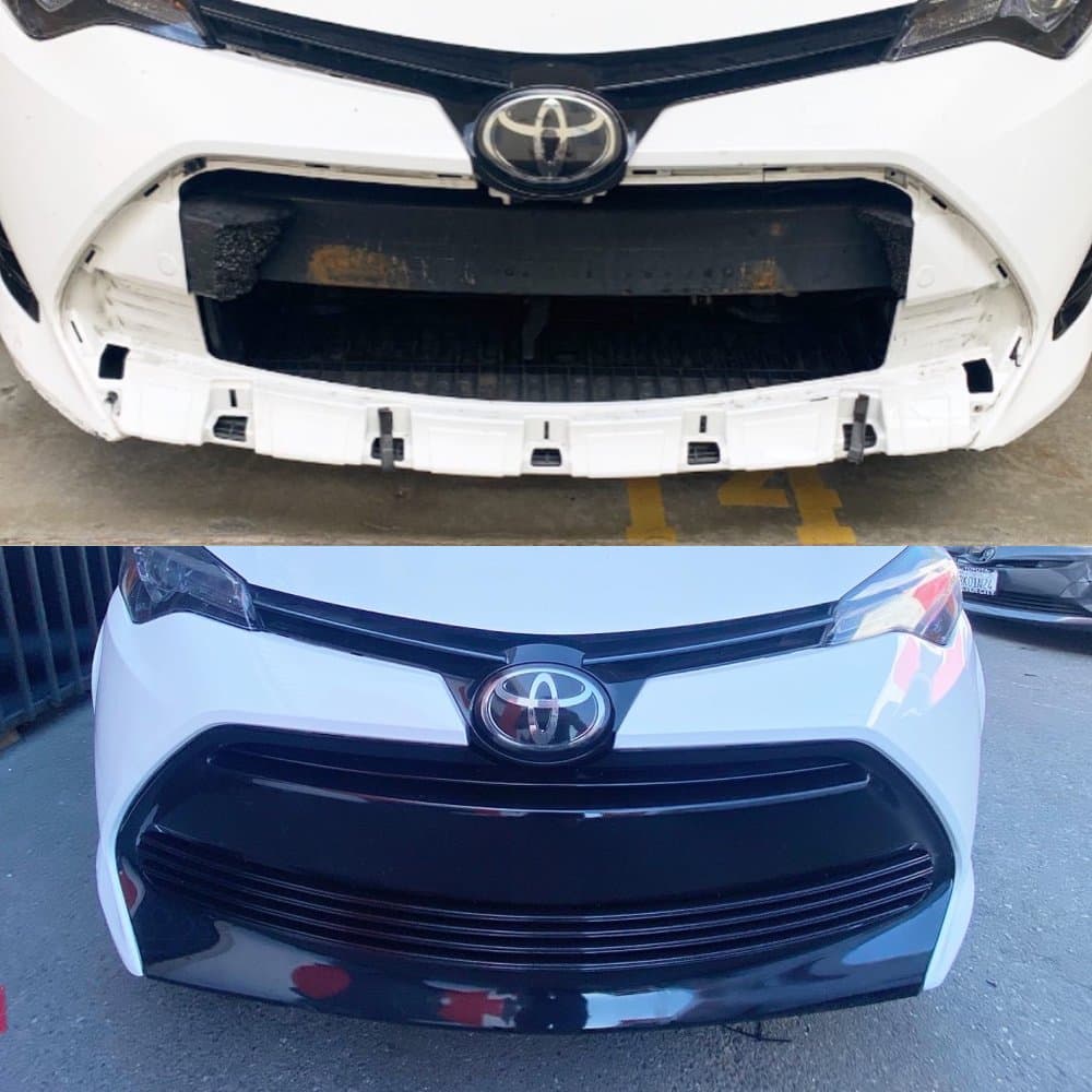 before and after picture of a toyota with front bumper autobody work done on it