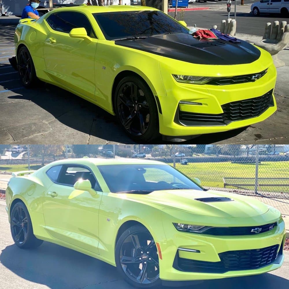 before and after picture of a chevy with custom hood work