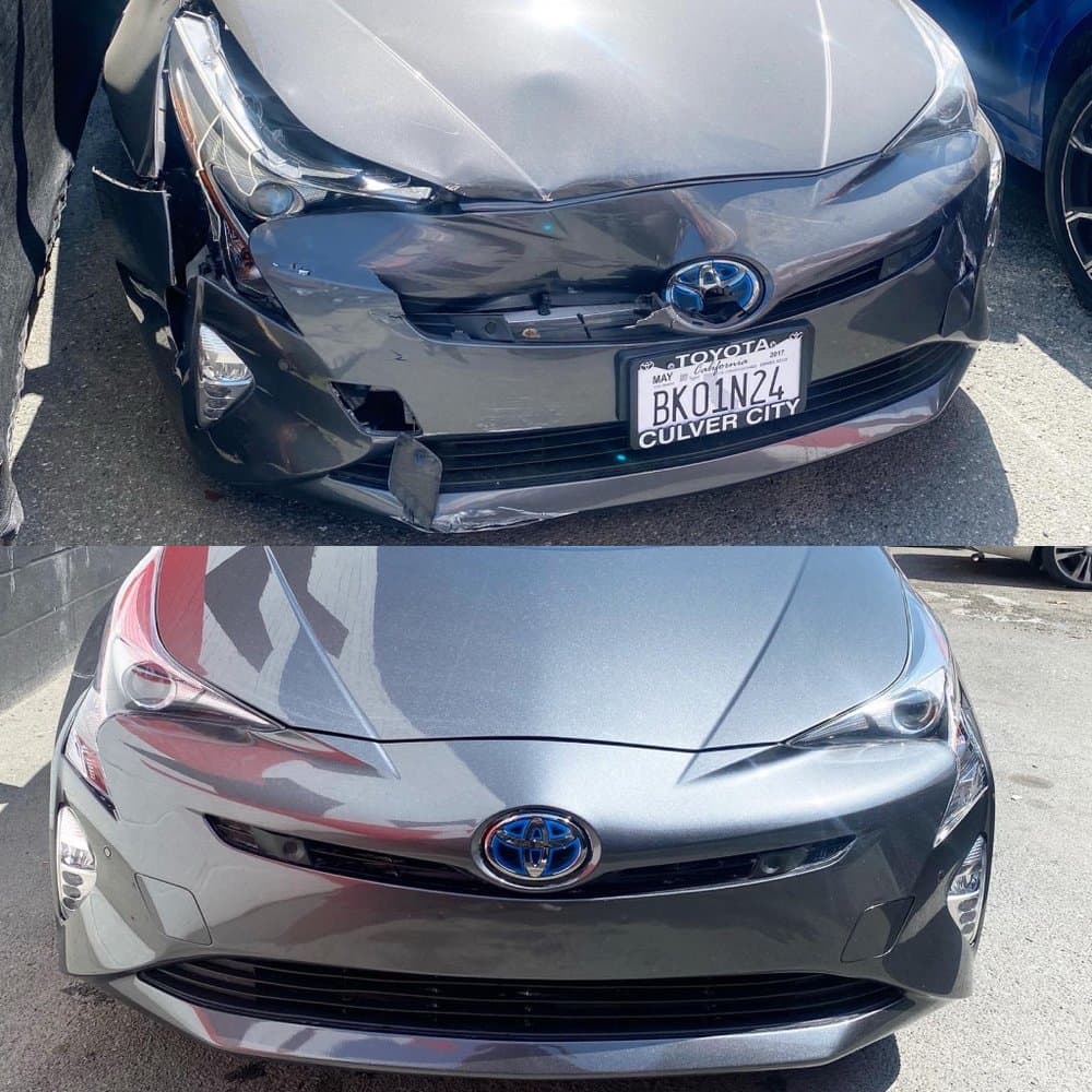 before and after of autobody work done on a toyota prius