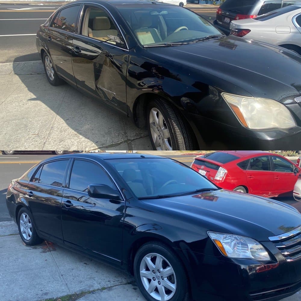 before and after of autobody work done and fixed on a black car